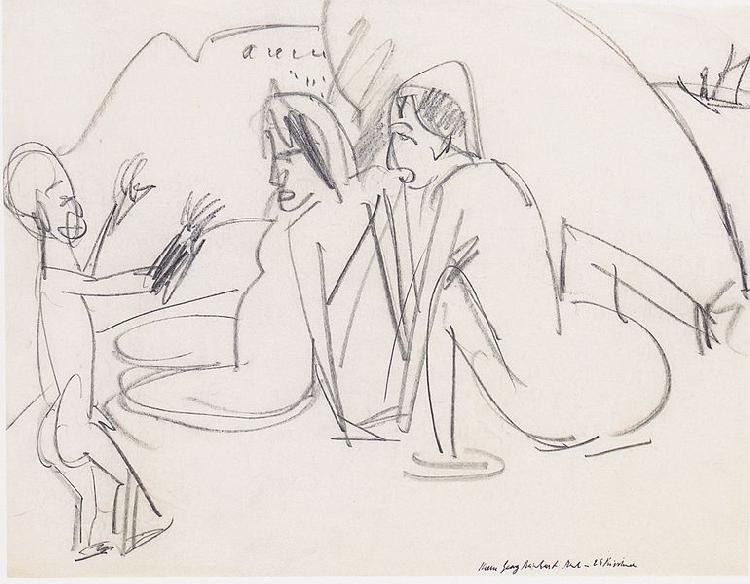 Ernst Ludwig Kirchner Zwei Frauen und Skulptur am Strand oil painting image